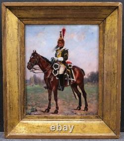 Framed painting of a Napoleonic soldier on horseback, First Empire Dragon, Albert LE DRU
