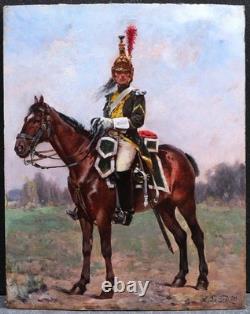 Framed painting of a Napoleonic soldier on horseback, First Empire Dragon, Albert LE DRU