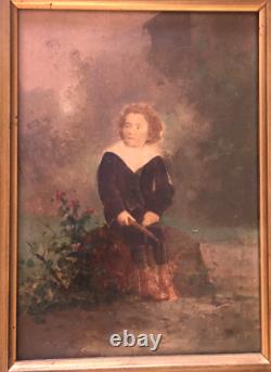 Framed piece on wood of a young boy without signature