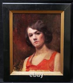 Framed portrait of a young brunette woman in a red dress double-sided with an old lady