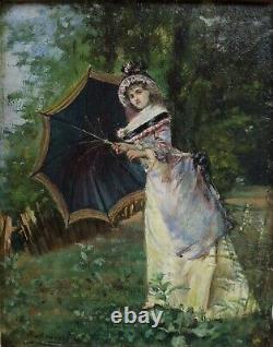 Francesco Bruneri (1845-1915)-female Umbrella Garden Impresionist, Italy, Turin