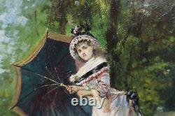 Francesco Bruneri (1845-1915)-female Umbrella Garden Impresionist, Italy, Turin