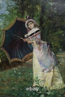 Francesco Bruneri (1845-1915)-female Umbrella Garden Impresionist, Italy, Turin