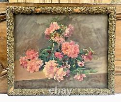 François Felix Roubaud Oil Painting on Wood Panel Bouquet of Roses Peonies 19th Century