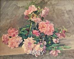 François Felix Roubaud Oil Painting on Wood Panel Bouquet of Roses Peonies 19th Century