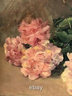 François Felix Roubaud Oil Painting on Wood Panel Bouquet of Roses Peonies 19th Century