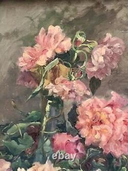 François Felix Roubaud Oil Painting on Wood Panel Bouquet of Roses Peonies 19th Century