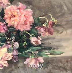 François Felix Roubaud Oil Painting on Wood Panel Bouquet of Roses Peonies 19th Century