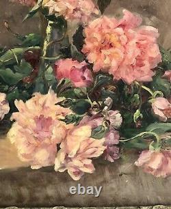 François Felix Roubaud Oil Painting on Wood Panel Bouquet of Roses Peonies 19th Century