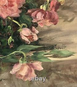 François Felix Roubaud Oil Painting on Wood Panel Bouquet of Roses Peonies 19th Century