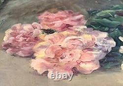 François Felix Roubaud Oil Painting on Wood Panel Bouquet of Roses Peonies 19th Century