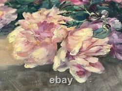 François Felix Roubaud Oil Painting on Wood Panel Bouquet of Roses Peonies 19th Century