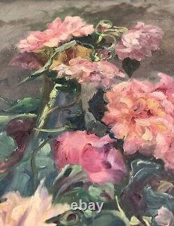 François Felix Roubaud Oil Painting on Wood Panel Bouquet of Roses Peonies 19th Century
