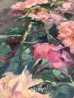 François Felix Roubaud Oil Painting on Wood Panel Bouquet of Roses Peonies 19th Century
