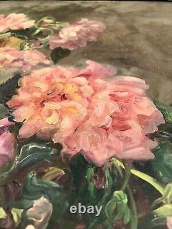 François Felix Roubaud Oil Painting on Wood Panel Bouquet of Roses Peonies 19th Century