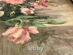 François Felix Roubaud Oil Painting on Wood Panel Bouquet of Roses Peonies 19th Century