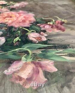 François Felix Roubaud Oil Painting on Wood Panel Bouquet of Roses Peonies 19th Century