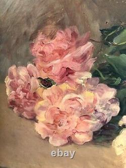 François Felix Roubaud Oil Painting on Wood Panel Bouquet of Roses Peonies 19th Century