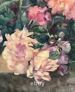 François Felix Roubaud Oil Painting on Wood Panel Bouquet of Roses Peonies 19th Century