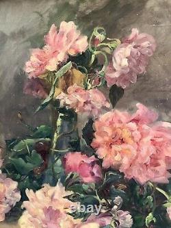François Felix Roubaud Oil Painting on Wood Panel Bouquet of Roses Peonies 19th Century