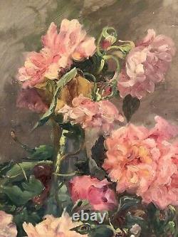 François Felix Roubaud Oil Painting on Wood Panel Bouquet of Roses Peonies 19th Century