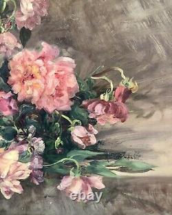 François Felix Roubaud Oil Painting on Wood Panel Bouquet of Roses Peonies 19th Century