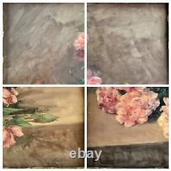 François Felix Roubaud Oil Painting on Wood Panel Bouquet of Roses Peonies 19th Century