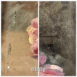 François Felix Roubaud Oil Painting on Wood Panel Bouquet of Roses Peonies 19th Century