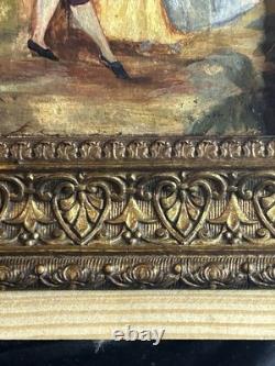 French Realist School 19th Century Oil on Panel Animated Gallant Scene 1880