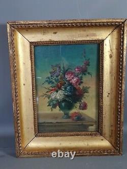 French School 19th Century Bouquet De Fleur Sur Entablement Oil Sur Bois Sb