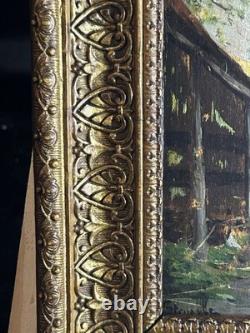 French School 19th Century Oil on Panel Courtyard Scene Gilded Frame 1860