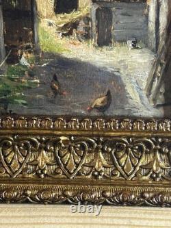 French School 19th Century Oil on Panel Courtyard Scene Gilded Frame 1860