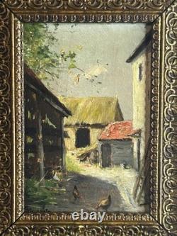 French School 19th Century Oil on Panel Courtyard Scene Gilded Frame 1860