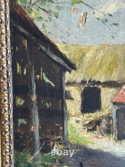 French School 19th Century Oil on Panel Courtyard Scene Gilded Frame 1860