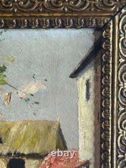 French School 19th Century Oil on Panel Courtyard Scene Gilded Frame 1860