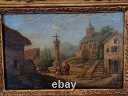 French School 19th Century Village Scene Oil on Wood Gilded Frame SB637