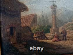 French School 19th Century Village Scene Oil on Wood Gilded Frame SB637