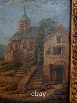 French School 19th Century Village Scene Oil on Wood Gilded Frame SB637