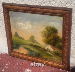 French School. Animated Landscape Oil Painting on Wood Panel J. CHATELIN