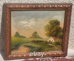 French School. Animated Landscape Oil Painting on Wood Panel J. CHATELIN