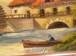 French School. Animated Landscape Oil Painting on Wood Panel J. CHATELIN
