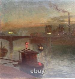 French School, Paris Industrial Night Landscape, Late 19th Century, Signed, Circa 1890