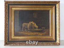 French School of the 20th Century HSP Painting Table SHEEP IN THE STABLE well framed
