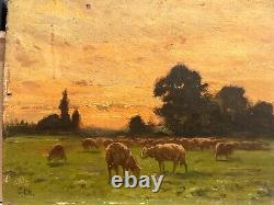 French school end of the 19th century Landscape with a herd of sheep, monogrammed HSP