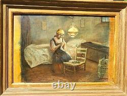 GIACCHI 19th century. Indoor Scene. Oil painting on wood panel