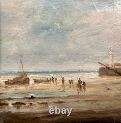 GUDIN Henriette Old Painting Seascape Coastal Scene Boats 19th Century