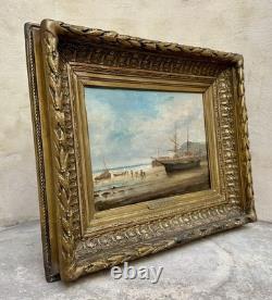 GUDIN Henriette Old Painting Seascape Coastal Scene Boats 19th Century