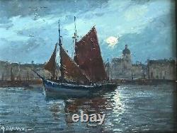 Gabriel Deschamps Tableau Marine Ship Port Sable Dolonne French Painting