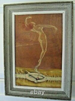 Gaston Le Beuze Painting Woman Nude Oil On Board Cigarette Smoke Year 50