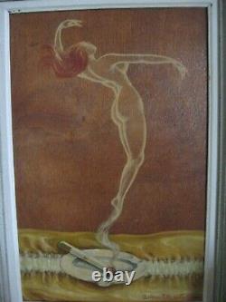 Gaston Le Beuze Painting Woman Nude Oil On Board Cigarette Smoke Year 50